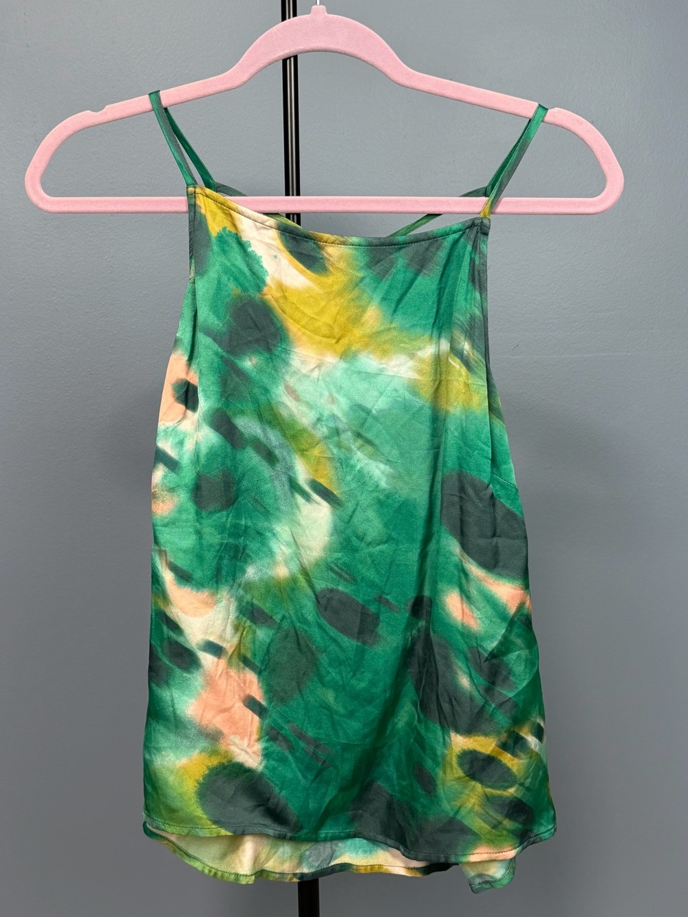Anthropologie Green Tie-Dye Satin Cami with Yellow Accents